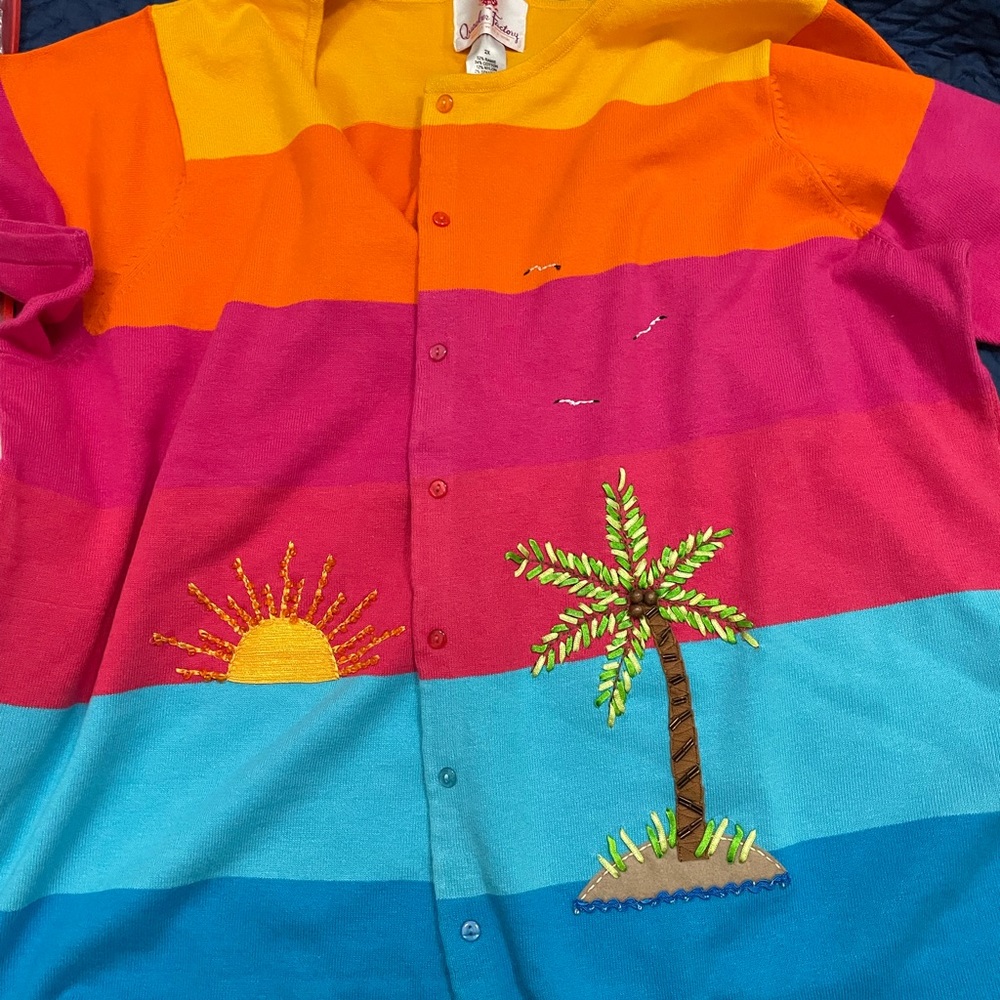 Quacker Factory Jacket 2x button up wide stripe with beach scene palm tree